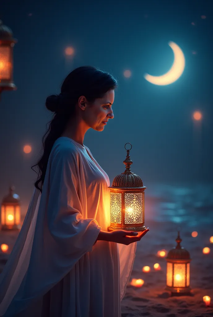 Make this picture in a Ramadan atmosphere with a moon, lanterns and a Ramadan lantern holding a light that reflects on her face and has beautiful effects

