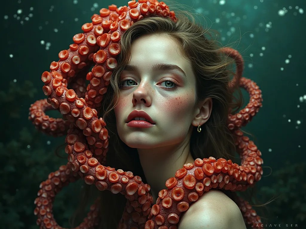 Hyperrealistic surreal portrait of a young woman with pale skin and freckles, intense reddish lips. Her hair is intertwined with the tentacles of a vibrant red octopus, whose details are intricate, with well-defined suction cups and moist texture. The tent...