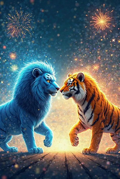 Please describe the K-League team Daegu FC and Gwangju FC confronting each other with a scene where a nice light blue lion and a cool yellow tiger spray fireworks? Also, let the space between tigers drop slightly, and express it as a lion on the left and a...