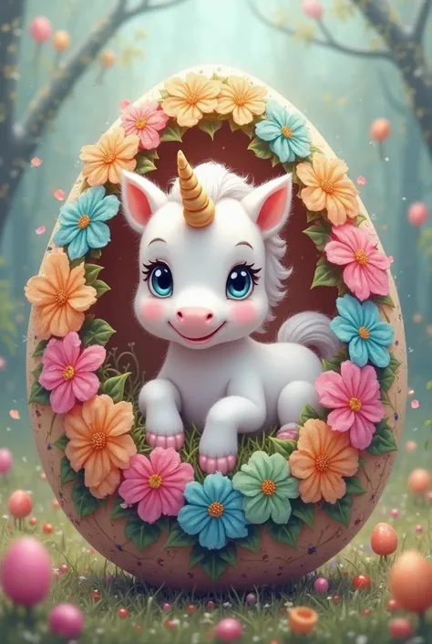 An image of a circle of colored flowers on an Easter egg and in its center a white baby unicorn cartoon 