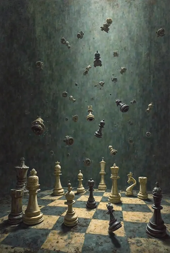 Paint a chess and chessboard with some pawns falling with a deep meaning