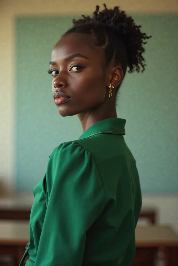 A long black woman wearing a green school dress