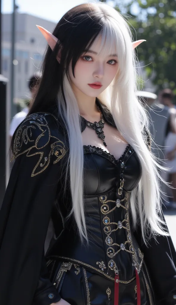 A mysterious Elf with an enigmatic and penetrating eye.  Her eyes are vibrant , blending shades of blue and green. Her hair is split in half,  half black and half white , falling out fluidly and elegantly. She wears a detailed medieval Gothic costume, with...