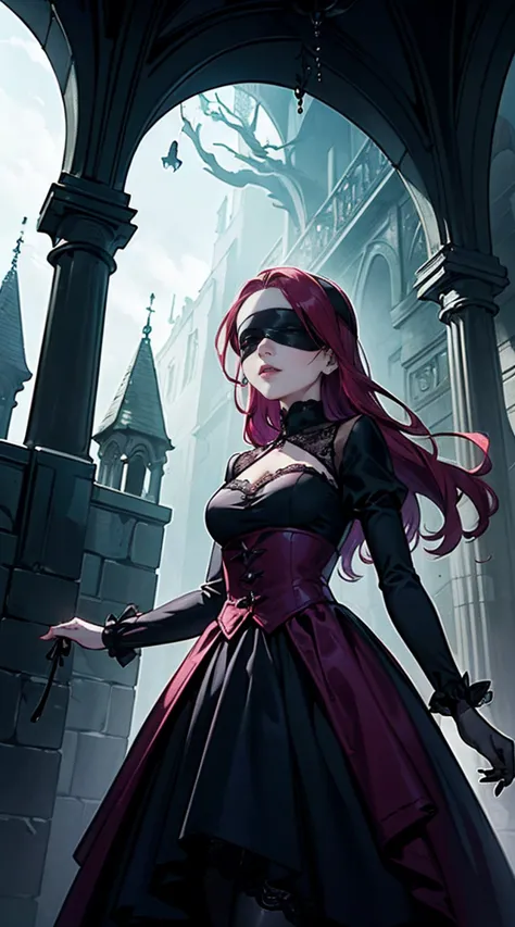 ((1girl, solo ,alone, (1girl, solo, long hair,((serious expression, austere)), long sleeves, medium breasts, standing, magenta hair, hairband, long hair, mole, blindfold, covered eyes, black blindfold, masterpiece))), ((solo, 1woman, pink lipstick, Extreme...