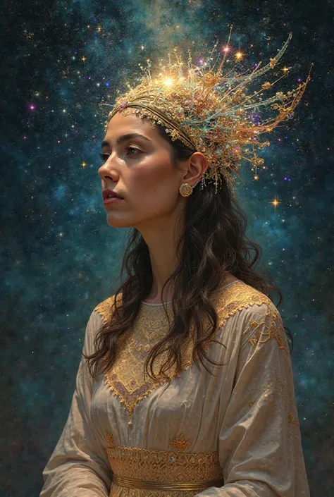 Of course! We are going to delve into the description of the woman with the prismatic headdress and also create new visual scenes that complement the poem and the narrative of the characters. These images can serve inspiration for illustrations, a poetic v...