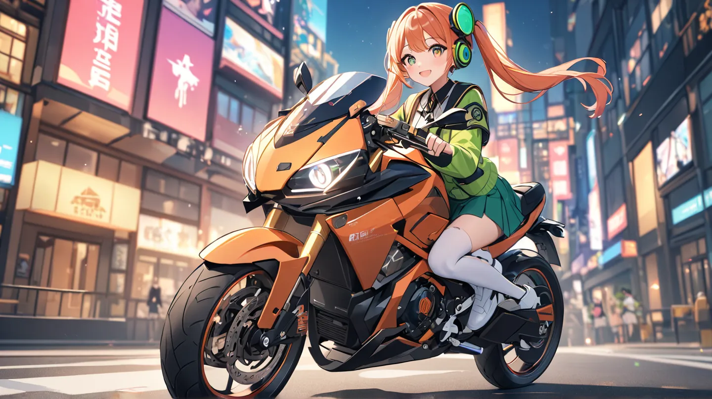 Tokyo in the near future in 2100、night、高層ビルが立ち並ぶnight空、Japanese high school girl flying in the sky riding a futuristic motorcycle、 hair twin tails 、The color of the hair is orange、green headphones、big futuristic goggles、Wearing a futuristic Japanese high s...