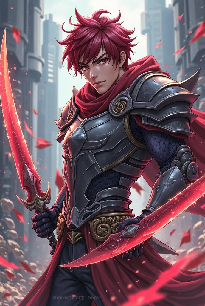 Draw a male anime character who has dark red hair and carries two blades as weapons, These blades are chained to the character's armor