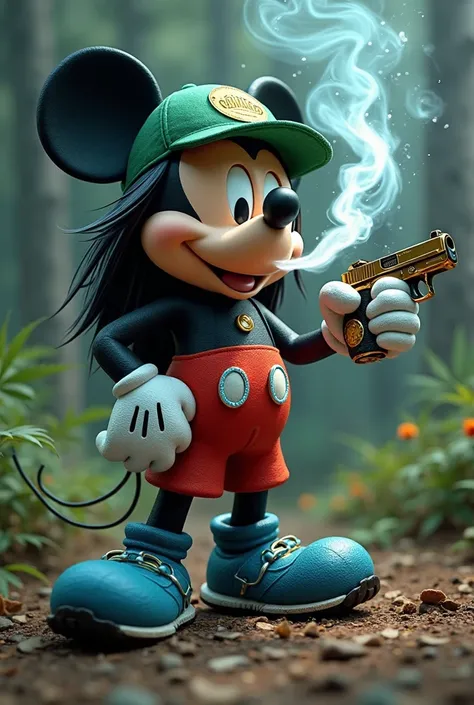 Disney Mickey mouse with no emotion on his face, as an stoner, with long black hair' in an cannabis athmophere, with an aura of Energy displaying of his body, 3D, california, smoking a fat cannabis joint, wearing an Daimond Green cap with the name Japones ...