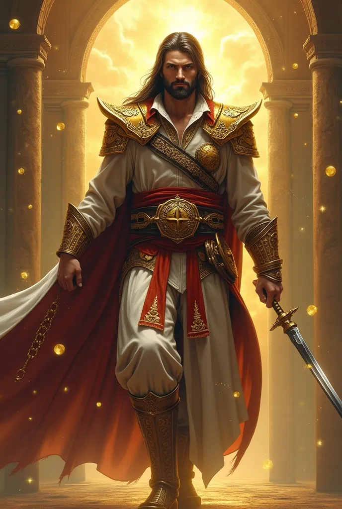  Create an image with the following characteristics:
1. ** Central character **:
   - **rostro**: Matches the face of Ezio Auditore (trimmed beard,  long dark hair) with Gilgamesh's golden crown and regal details. The eyes could have a golden or reddish hu...