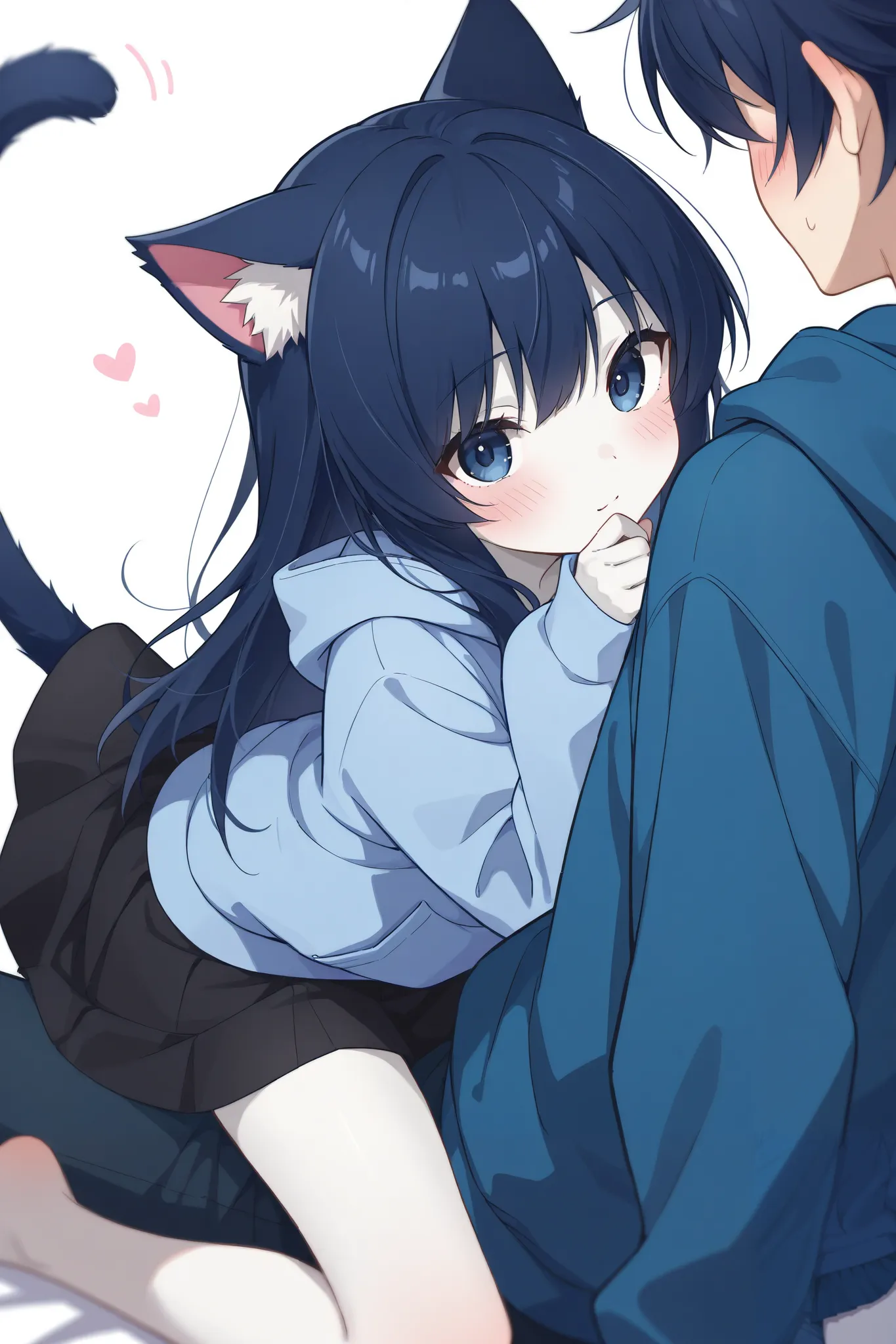  dark blue hair、 One Woman 、neon colored hoodie、dark blue eyes、best image quality、highest resolution、skirt、 day、 white skin、Cat ears、Cat tail、blush、 zitoida、Brother and sister、The older brother who wears big pants