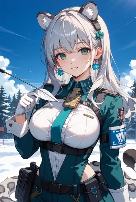 (Victory、Highest quality: 1.2)、1 girl、anime art、( front view) focus on your face、Highest quality、Super Detailed Illustration of a Woman Drawing a Magic Arrow 、Hold up a bow and shoot an arrow、 half up hair、long hair、  Silver Hair、Snow leopard ears 、Snow le...