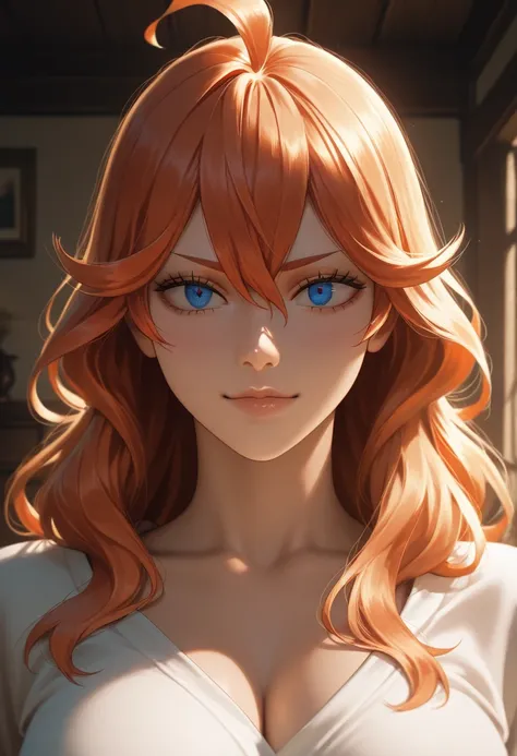 masterpiece, best quality, vibrant, very aesthetic, high contrast, photorealistic portrait,beautiful detailed face,detailed texture,detailed skin, newest, 1girl,Black Clover,source_black clover,Mereoleona Vermillion,shirt,room,realistic lighting