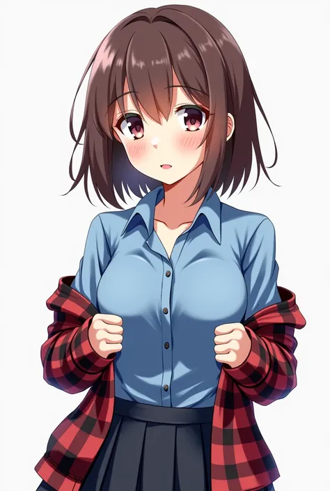 a cartoon picture of a woman with a blue shirt and a plaid shirt, an anime drawing inspired by Rei Kamoi, trending on pixiv, process art, touching her clothes, ecchi anime style, a hyperrealistic schoolgirl, 2b, 2 b, ecchi style, revealing clothes, realist...