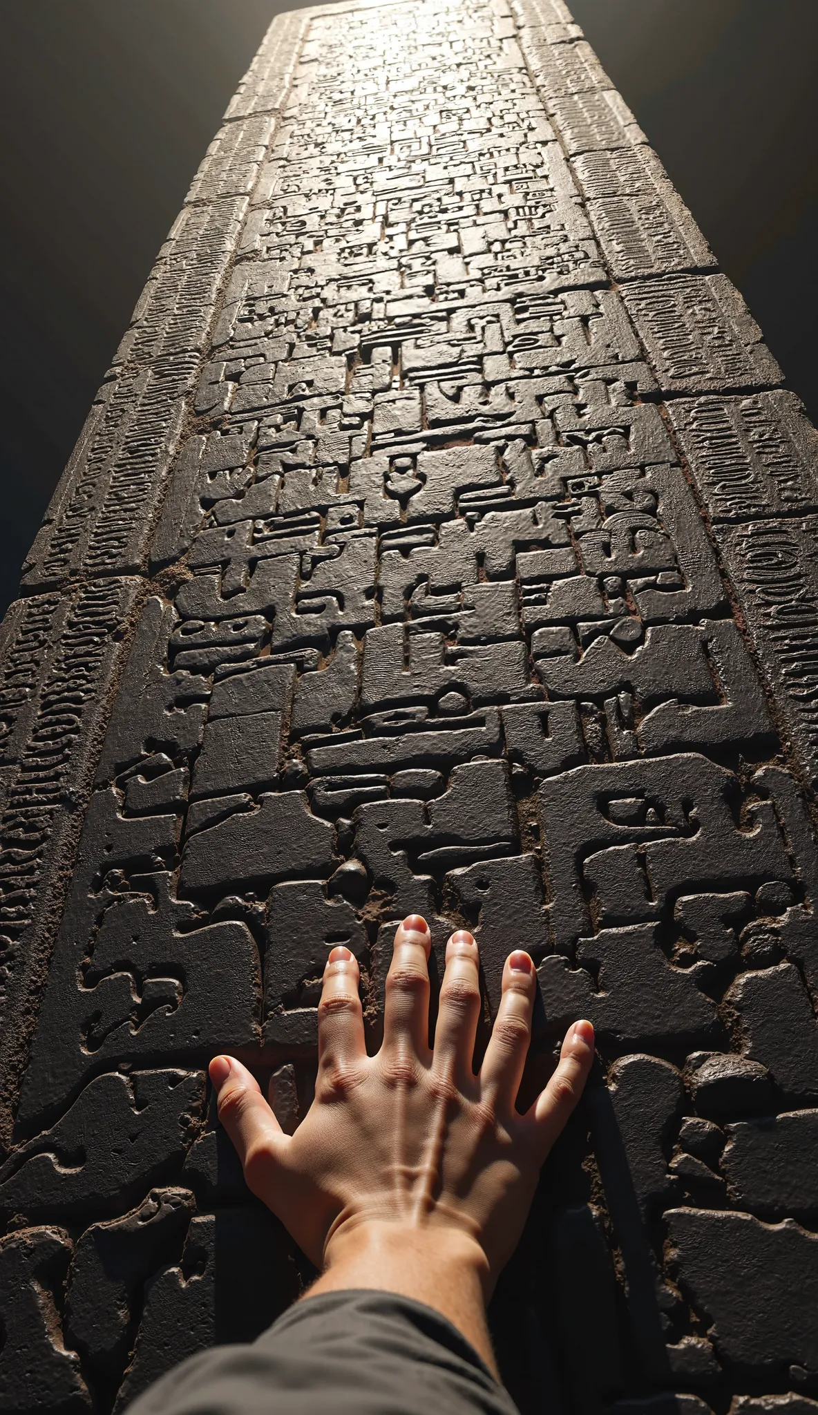 A first-person perspective looking up at a towering diorite stele (black stone) engraved with the Code of Hammurabi. The viewer’s hand is gently touching the intricate cuneiform inscriptions, feeling the deep grooves of the ancient text. The surface of the...