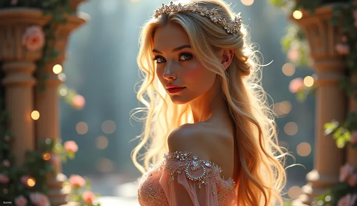 A fairy-tale-like beauty with delicate features and an ethereal glow. She wears an enchanting gown adorned with shimmering jewels, standing in a magical setting with soft, glowing lights around her. Her long, flowing hair cascades down her back, and her dr...