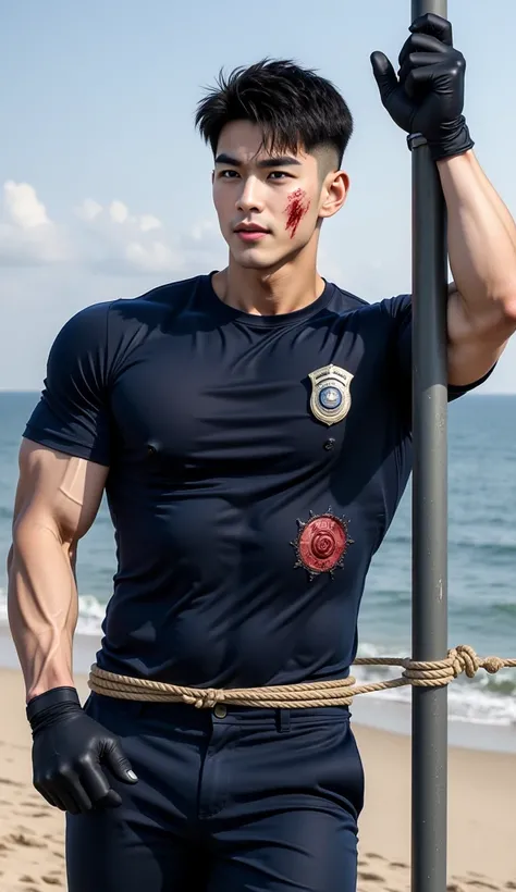 Handsome Korea man leaning on a pole by the sea , ((There is blood on the face, abrasions along the body.)),short black hair, cut short, ((( torn shirt))), wearing a navy round neck T-shirt ,((with police badge)), (navy pants, black gloves ,he chest muscle...