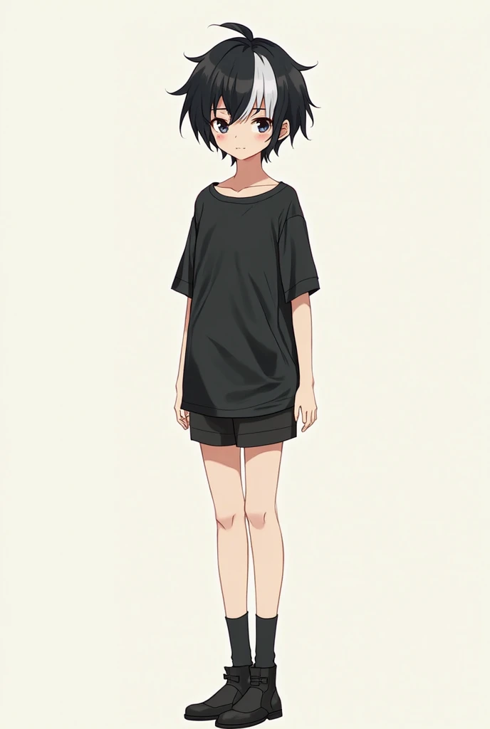 Young boy with body of a girl without breasts short hair color black lock of white hair and a black shirt short socks anime style