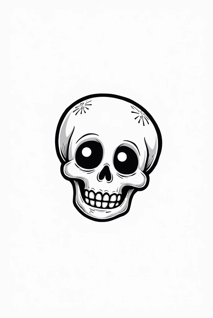 "A fun and adorable black-and-white line art drawing of a human skull for a ren's coloring book. The skull has big, friendly cartoon eyes and a cheerful smile, making it welcoming and not scary. The shapes are rounded and simplified for a -friendly look. C...