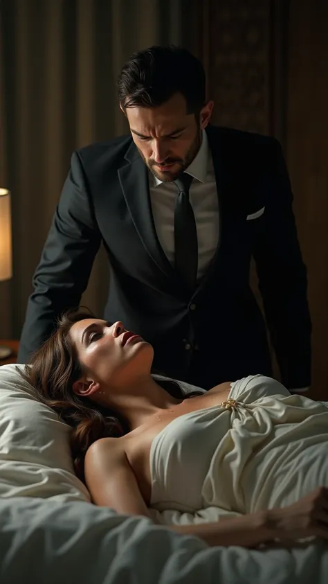 I want to create an image of beautiful woman in a bed crying and a business man confronting her