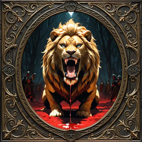 Make a shield that has a lion and blood on its teeth and that has firearms coming out of the shield