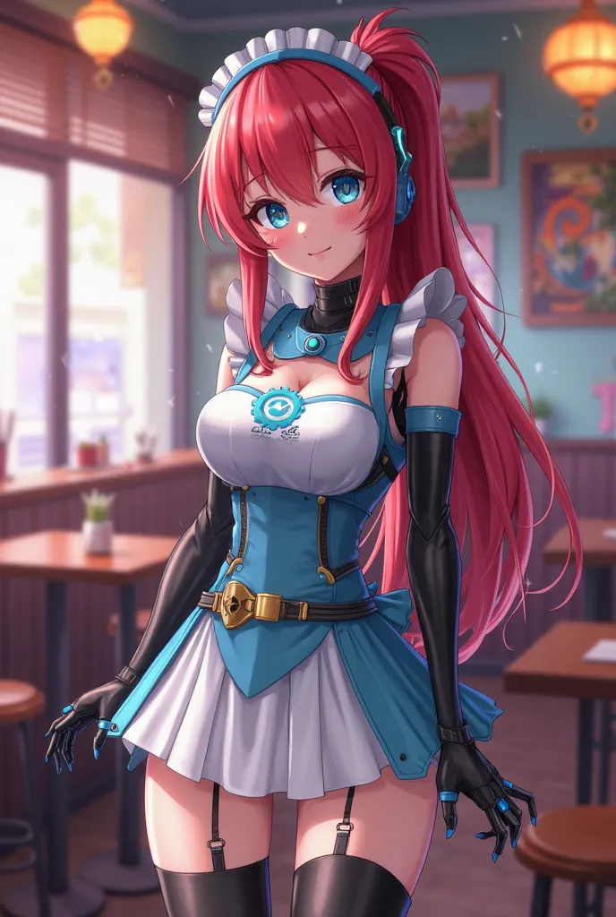 A maid cafe with Mardi Gras decorations, a sexy anime female robot, scantily clad with gray white robot skin, curvy, robot shoulders, big blue eyes, medium breasts, ((pink cheek dots 1.3)), maid headdress, big smile, long red hair with a single side ponyta...