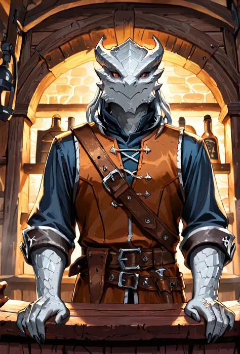 (masterpiece, best quality, 2k), solo, 1guy, (dragonborn, scaly skin), silver scales, bald head, red eyes, dark blue breeches, leather belt, cutlass attached to belt, standing behind counter in a tavern bar, (jovial, welcoming), [[[pirate era clothing]]], ...