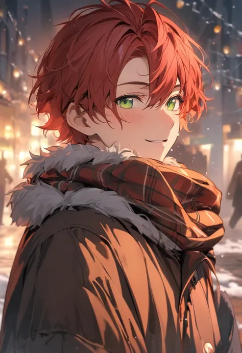 masterpiece, excellent quality, man ,  male gender,  red hair  , short hair,  Attractive face, very detailed face  ,age s , green eyes ,  cheerful look , in winter , Alone