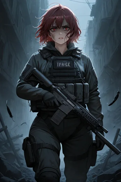 woman with wide hips wearing black tactical clothing against a background of place in war rubble with a gun in her hand, with feathers in her black clothes,  with dark and messy hair  "anime"