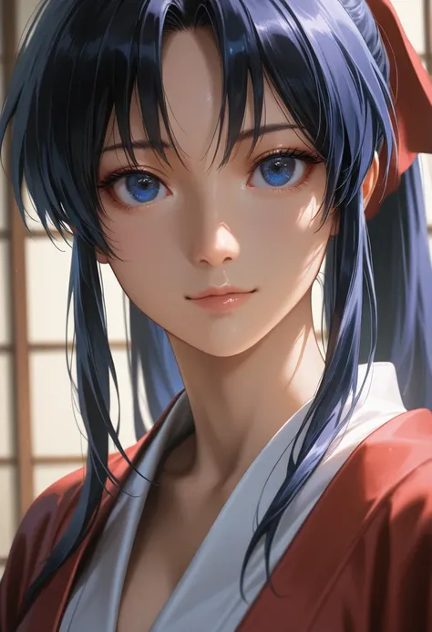 masterpiece, best quality, vibrant, very aesthetic, high contrast, photorealistic portrait,beautiful detailed face,detailed texture,detailed skin, newest, 1girl,Rurouni Kenshin,source_Rurouni Kenshin,kamiya kaoru,shirt,room,realistic lighting