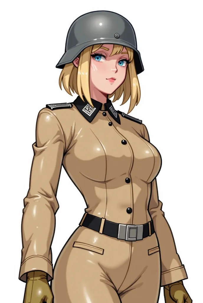 White background, Stylized female nazi soldier, world war, blonde soldier using a helmet in the head and bege clothing.