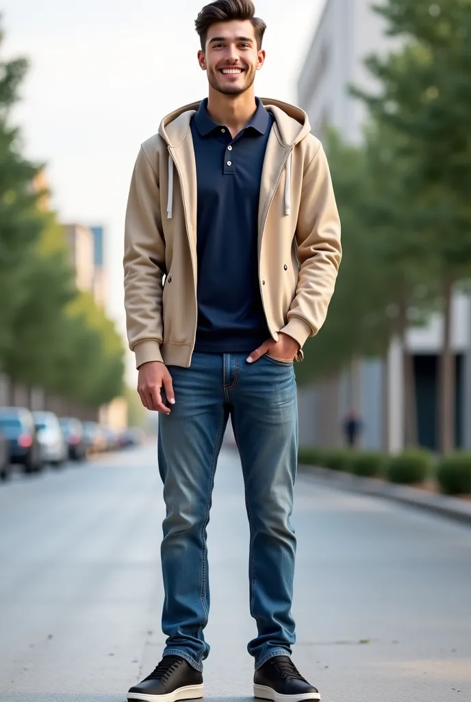 A young man wearing jeans, black sneakers, navy blue polo shirt and a beige Hoddie 