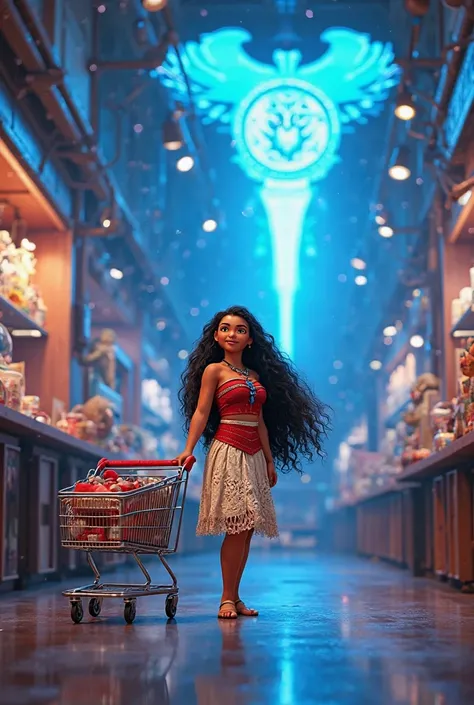 workshop, art display, blue light announcing sales, Moana Disney character with shopping kart.