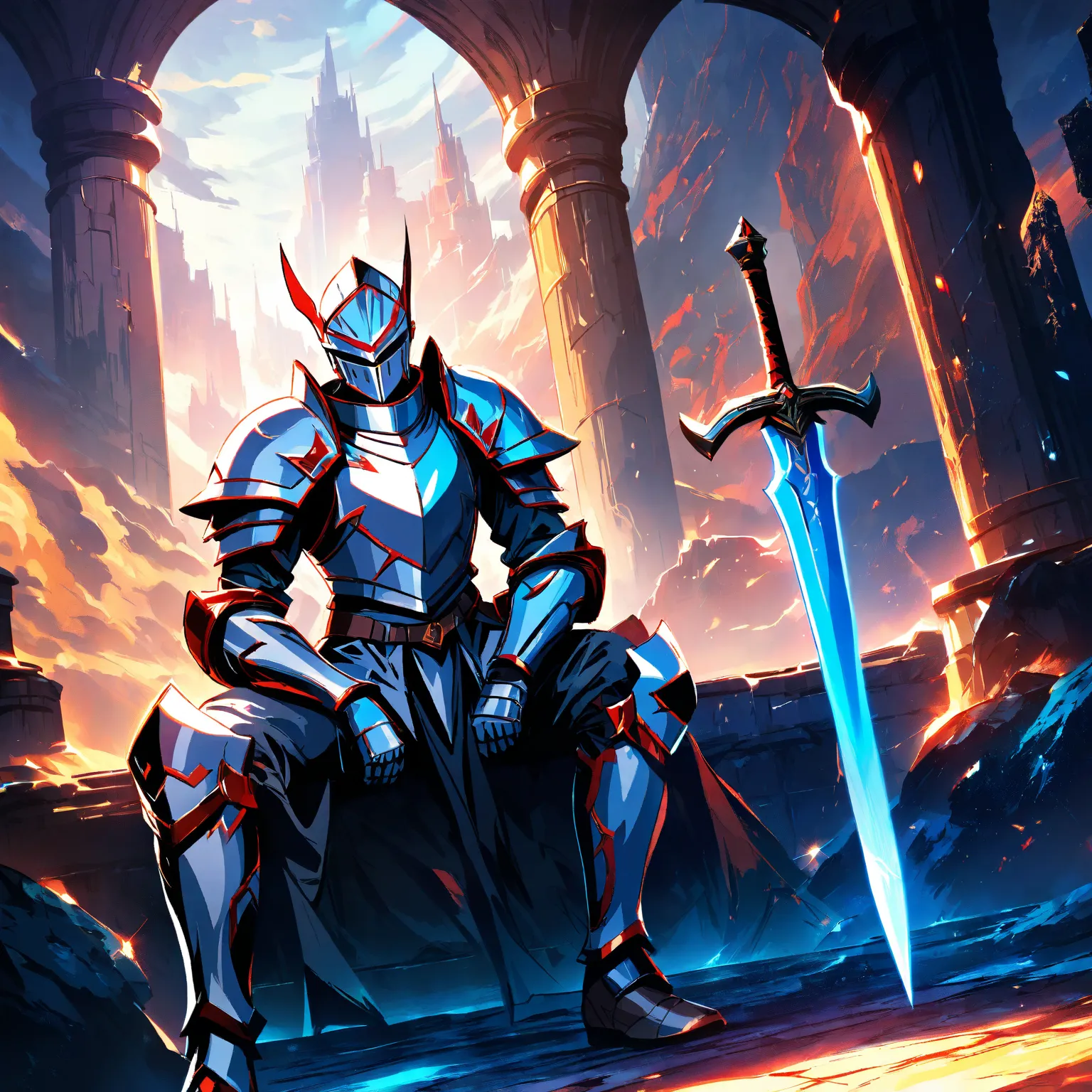 team high resolution, dungeon environment, distant angle, large size, Sitting pose with sword, Knight in white armor, anime atmosphere , fantasy style,  digital painting , dramatic lighting, vivid colors