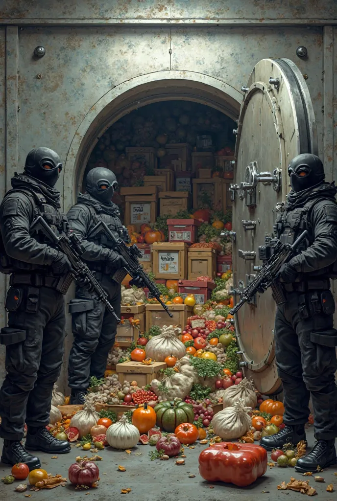 Bank vault full of food with guards wearing black masks using assault rifles protecting the vault