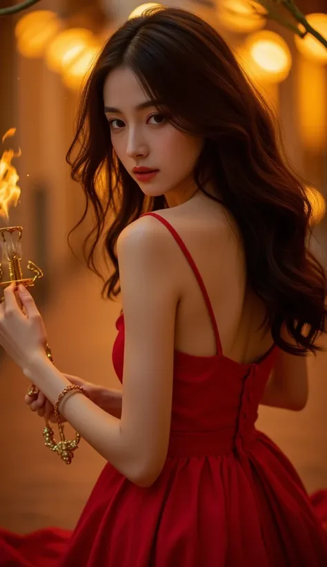 A mesmerizing Spanish sorceress, her fiery red dress swirling as she dances under a blood-orange sunset. Her dark, wavy hair cascades down her back, her piercing brown eyes filled with wild passion. Golden runes glow on her fingertips as she conjures encha...