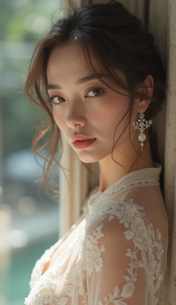 prompt:  "A breathtakingly sexy woman with ethereal beauty, her deep, expressive eyes capturing a sense of mystery and allure. She has flawless, porcelain-like skin with a soft glow, highlighted by cinematic lighting that emphasizes her delicate bone struc...