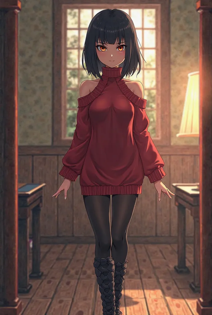 masterpiece), (highest quality), (8K),(very detailed), (animated:1.1), A girl, (Sarada Uchiha), black hair,  Medium Hair, fork,  small breasts, intellectual lenses, (bare shoulder), (bare shoulders sweater), (tall black stockings:1.3), (braided boots ), fu...