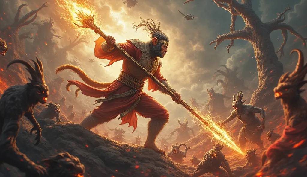 A dynamic scene of Sun Wukong, the legendary Monkey King, in the midst of a fierce battle in a dark, otherworldly demonic realm. Wukong stands tall and defiant, his golden headband (The Golden Hoop) glowing faintly with divine energy, symbolizing his power...