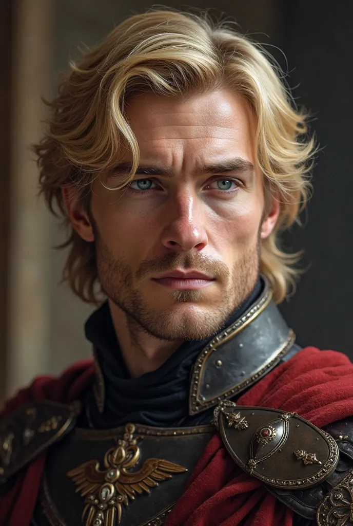 Create a male character in the Game of Thrones universe, Wilhelm Lannister. He has the signature golden hair of House Lannister, slightly tousled yet regal, with piercing blue eyes that hold both intelligence and mischief. His facial structure is sharp and...