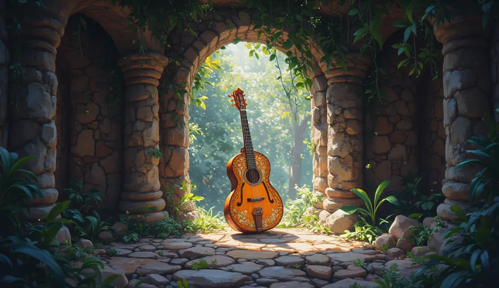 •	anime,A hidden chamber within a crumbling ancient ruin, revealing a beautifully crafted musical instrument, dust motes dancing in the light, intricate details, mysterious aura, fantasy concept art