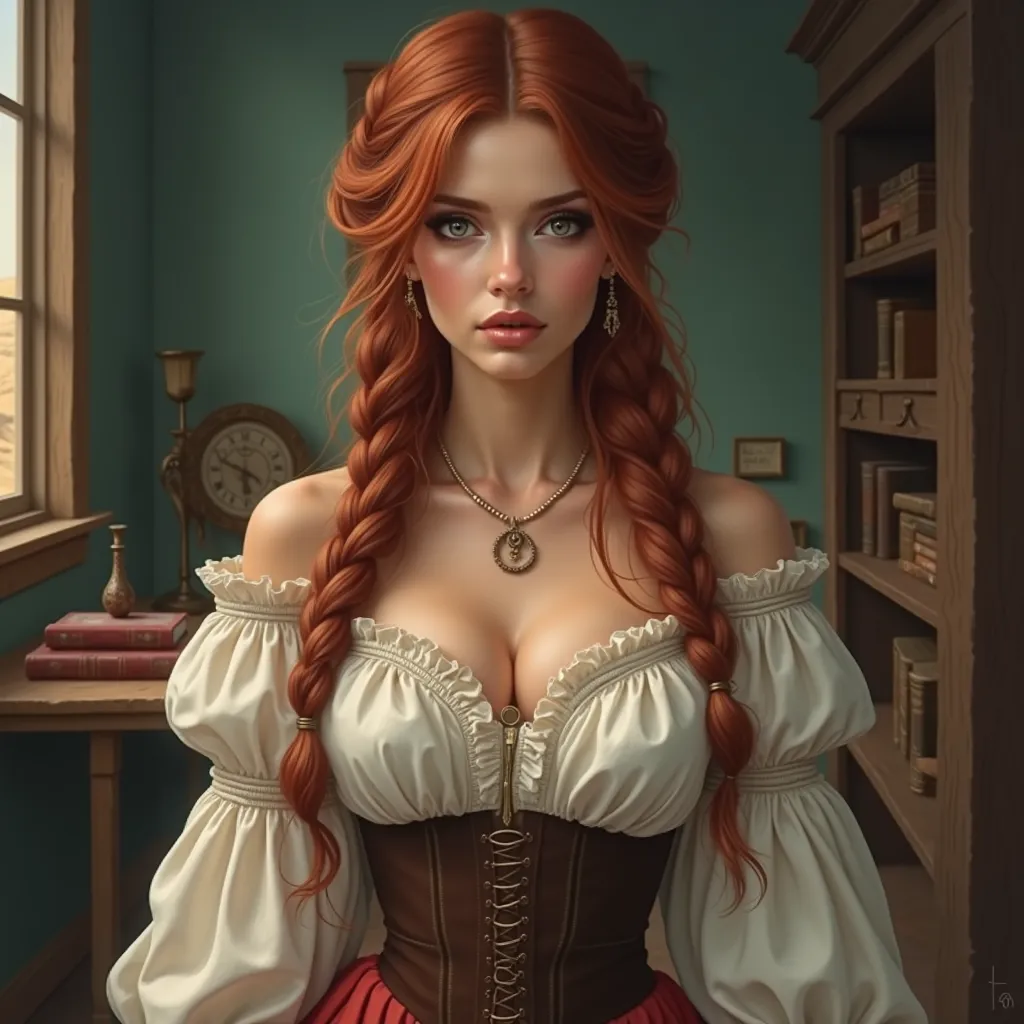 Beautiful Woman, Old West School Teacher, Full Lips, Auburn Hair Intricately But Loosely Braided. Deep_cleavage, Massive Chest. Detailed Beautiful Eyes, Pencil-Thin Waist, Wide Hips. Historically Accurate 1870s Old-West Frontier Dress. With Books. Gorgeous...