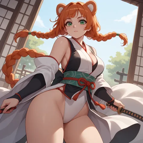 (Masterpiece) (High Detail) (High Res) A short curvy slim Humanoid red_panda Female with tanned human skin and bright green eyes and long braided orange hair and fluffy orange red_panda ears and a long fluffy red_panda tail and medium breasts. She is dress...