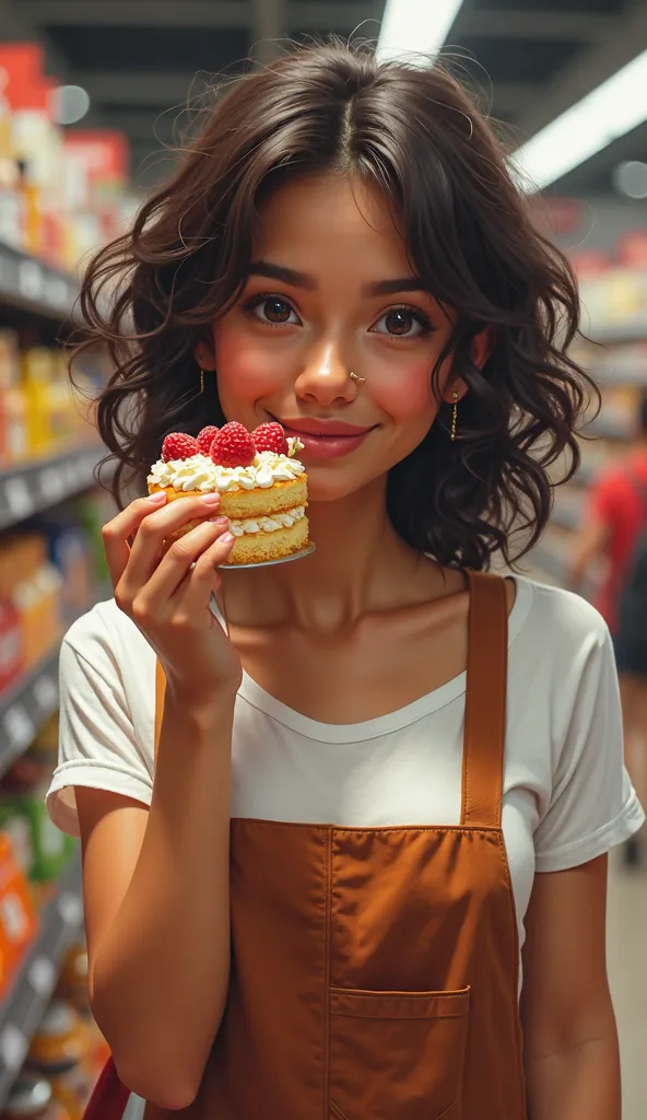 Latin woman, , tex trigueña, medium and frizzy hair, 1.62 meters tall , 50 kilos, thin curvilinear , working as a cashier in a supermarket, He's eating a cake