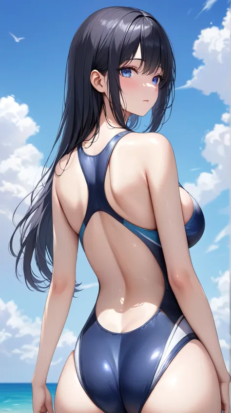 (masterpiece,best quality,ultra detailed,high resolution),(realistic:0.5),(from behind,cowboy shot),daytime,a lady,black hair,straight hair,cool eyes,competition swimsuit,(navy swimsuit),beautiful sky,(busty breast),looking viewer,