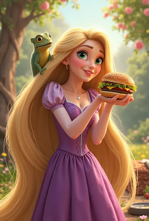 Create a whimsical and enchanting illustration of Rapunzel from Tangled, with her long, golden blonde hair flowing beautifully around her. She is wearing her iconic purple dress, holding a juicy hamburger in one hand with a curious and delighted expression...