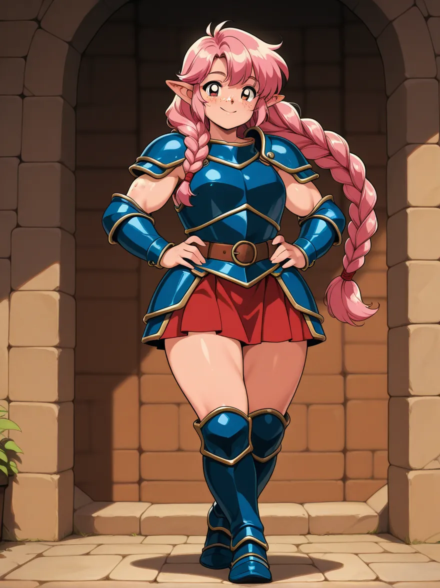 beautiful dwarf girl, solo female, dwarf DND female, , freckles, pink hair, long braid, hazel eyes, muscled, athletic, sexy armor, short stature, blue armor, red skirt, wide shoulders, sexy mini skirt, short woman, smile, sexy abdomen, curvy body, curvy fi...