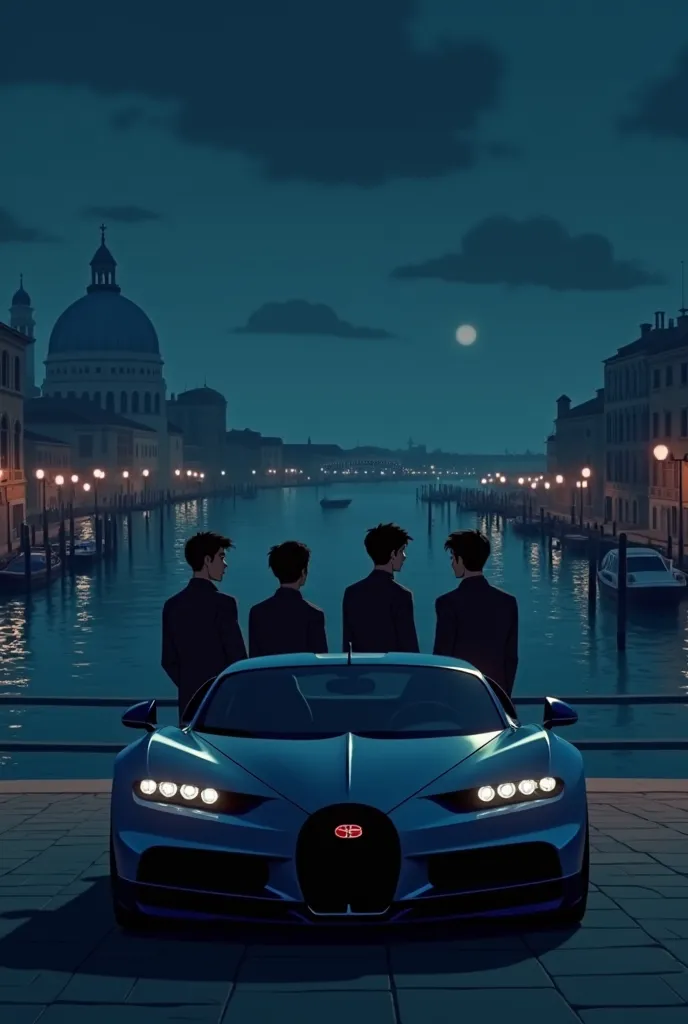 Cover for the song that is called Venice 
It's sung by four young men 
Es sad the song 
And the cover should be animated 
You must also wear a Bugati 
The boys are sad and it's nighttime 
The 4 boys must be a little farther away to see Venice