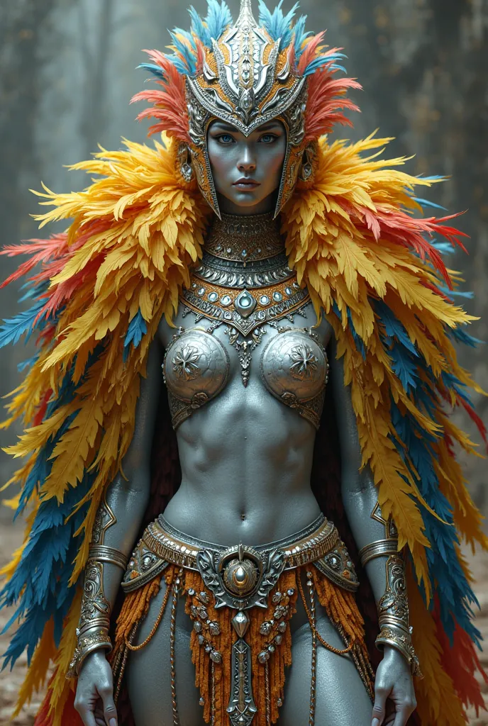 silver body decorated with yellow blue and red feathers on the shoulders, light neckline decorated with yellow blue and red silver litmus rhinestones, Polison with layered feathers shield in left hand and sword in right hand