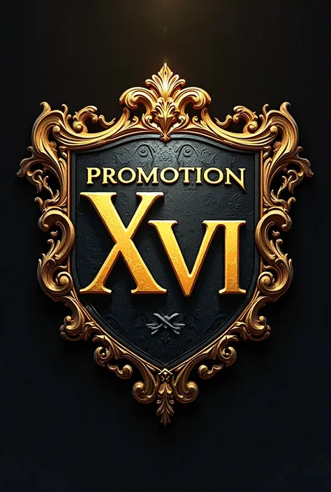 Generate a logo that says PROMOTION XXVI, in gold and with designs inside a shield 