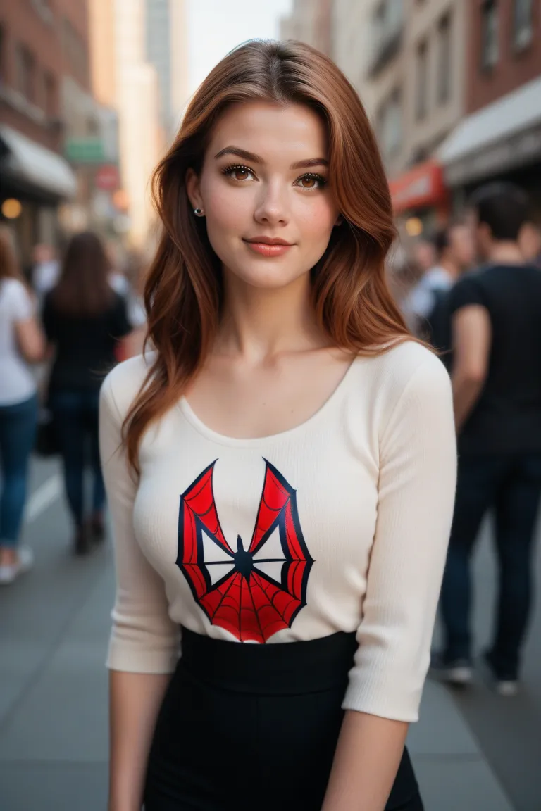 Mary Jane with brown-eyed fringe, long brown hair, Brown eyes next to Spider-Man, film grain,Character Design, 